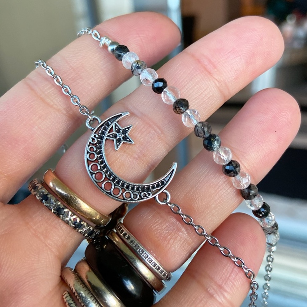 Double layer necklace moon star & druzy quartz - Picture 5 of 11